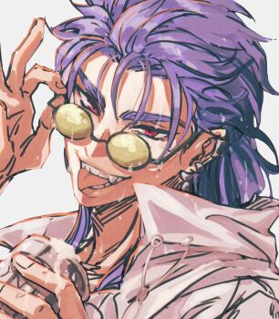 1boy 5_horulu adjusting_eyewear blue_hair can cu_chulainn_(caster)_(fate) cu_chulainn_(fate) cu_chulainn_(tropical_rune_summer)_(fate) earrings fangs fate/grand_order fate_(series) green-tinted_eyewear highres holding holding_can jacket jewelry long_hair looking_at_viewer male_focus open_mouth red_eyes simple_background smile solo tinted_eyewear tongue tongue_out wet wet_hair white_background white_jacket