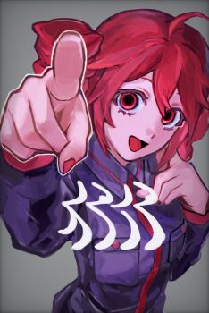 1girl ahoge arm_up black_shirt black_sleeves breasts collared_shirt commentary_request detached_sleeves drill_hair empty_eyes finger_to_cheek from_above grey_background highres hito_mania_(utau) kasane_teto kasane_teto_(utau) looking_at_viewer looking_up medium_breasts nou_1182 pointing pointing_at_viewer red_eyes red_hair red_nails shirt simple_background sleeveless sleeveless_shirt solo song_name twin_drills upper_body utau vignetting