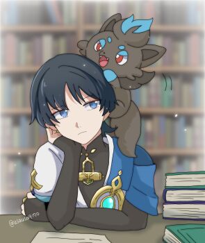 Rule 34 | 1boy, alternate color, arm rest, black bodysuit, black bridal gauntlets, black hair, blue cape, blue gemstone, blue pupils, blue sleeves, blunt ends, blurry, blurry background, bodysuit, book, book stack, bookshelf, bridal gauntlets, cape, closed mouth, commentary request, creature on head, crossover, elbow rest, eyeliner, eyeshadow, gem, gen 5 pokemon, genshin impact, gold, hand on own face, highres, indoors, japanese clothes, kimono, layered sleeves, library, looking at creature, makeup, male focus, mandarin collar, nintendo, paper, pokemon, pokemon (creature), purple eyes, purple rope, red eyeliner, red eyeshadow, rope, scaramouche (genshin impact), shiny pokemon, short sleeves, twitter username, usausa9170, wanderer (genshin impact), white kimono, white sleeves, wispy bangs, zorua