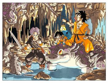 1girl 2boys black_hair black_pants black_shirt blue_eyes border cave_interior character_request dragon_ball grey_hair highres holding holding_lantern holding_sword holding_weapon kakeru_(dbskakeru) lantern lizard multiple_boys orange_pants orange_shirt outside_border pants shirt short_hair sleeveless sleeveless_shirt stalagmite sweat sword toriyama_akira_(style) trunks_(dragon_ball) water weapon white_border