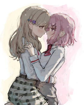 Rule 34 | 2girls, after kiss, amaori renako, ashigaya high school uniform, blush, bow, bowtie, brown eyes, brown hair, collared shirt, commentary, eye contact, grey skirt, highres, long hair, looking at another, medium hair, multiple girls, opuricheri, pink eyes, plaid clothes, plaid skirt, pleated skirt, profile, purple eyes, red bow, red bowtie, saliva, saliva trail, school uniform, sena ajisai, shirt, sitting, sitting on lap, sitting on person, skirt, watashi ga koibito ni nareru wake naijan murimuri!, white shirt, yuri
