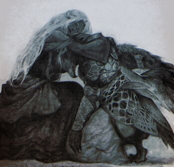 1boy 1girl animal_head armor bare_shoulders beak bird_boy black_skin braid closed_eyes colored_eyelashes colored_skin dress elden_ring elden_ring_nightreign from_side guardian_(elden_ring) half_up_braid head_on_chest highres hug kneeling long_hair monochrome parted_lips recluse_(elden_ring) sepia simple_background smile talons vbtem2rhxc2qchk white_hair wide_sleeves wings