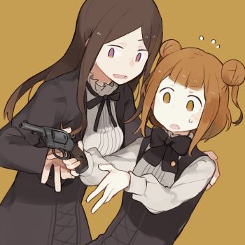 Rule 34 | 2girls, beatrice (princess principal), black bow, black bowtie, black ribbon, bow, bowtie, breasts, brown background, brown eyes, brown hair, commentary request, dorothy (princess principal), double bun, flying sweatdrops, glider (guraida), gun, hair bun, handgun, holding, holding gun, holding weapon, long hair, long sleeves, multiple girls, neck ribbon, open mouth, princess principal, ribbon, short hair, simple background, weapon