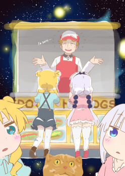 1boy 2girls apron black_skirt blonde_hair blue_eyes blue_shirt blunt_bangs blush bow brown_footwear cat chloe_(maidragon) closed_eyes commentary double_bun dress english_text food_stand frilled_dress frills green_eyes hair_bow hair_bun hair_ornament hairband highres hot_dog hot_dog_bun hot_dog_stand_owner_(maidragon) kanna_kamui kobayashi-san_chi_no_maidragon long_sleeves multiple_girls mustard night orange_cat overall_skirt pink_shoes red_apron red_headwear relish_(food) samansa_ex shirt shoes skirt sphere_hair_ornament standing star_(sky) thighhighs white_hair white_headwear white_shirt white_thighhighs