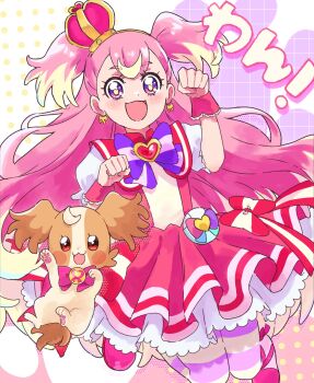 1girl :3 :d arched_crown arms_up blonde_hair blush blush_stickers boots bow bow_earrings bright_pupils brooch brown_fur capelet chest_bow clenched_hands commentary crown cure_wonderful dog dot_nose dress dress_bow dual_persona earrings frilled_wrist_cuffs frills gold_hairband grid_background hairband heart heart_brooch highres inukai_komugi inukai_komugi_(dog) jewelry layered_dress legs_up long_hair looking_at_viewer magical_girl midair mini_crown miri_(crafimiri) multicolored_bow multicolored_hair open_mouth pact_holder pantyhose papillon_(dog) patterned_background paw_pose paw_print paw_print_background paw_up pawpads petticoat pink_boots pink_bow pink_capelet pink_crown pink_dress pink_hair pink_pantyhose pink_wrist_cuffs polka_dot polka_dot_background pouch precure puffy_short_sleeves puffy_sleeves purple_bow purple_eyes short_dress short_sleeves smile streaked_hair striped_bow striped_clothes striped_pantyhose tilted_headwear translated two-tone_hair two-tone_pantyhose two_side_up very_long_hair wonderful_pact wonderful_precure! wrist_cuffs yellow_pantyhose yellow_pupils