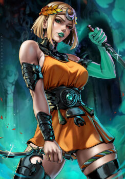 1girl artist_name blonde_hair breasts cameltoe dagger dandon_fuga dress female_focus glowing_arm gluteal_fold greco-roman_clothes green_arm green_eyes green_lips hades_(series) hades_2 heterochromia highres holding holding_dagger holding_knife holding_sickle holding_weapon knife laurel_crown looking_at_viewer medium_breasts melinoe_(hades) mismatched_sclera orange_dress paid_reward_available panties panty_peek red_eyes see-through_body short_dress short_hair sickle skeletal_arm solo thighs underwear weapon
