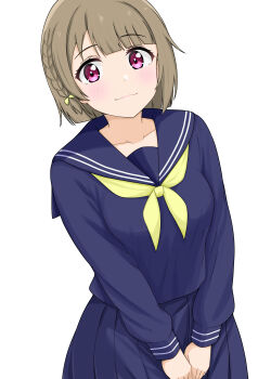 Rule 34 | 1girl, absurdres, alternate costume, blue sailor collar, blue serafuku, blue shirt, blue skirt, blunt bangs, braid, breasts, brown hair, collarbone, commentary request, cowboy shot, highres, kurono (pixiv1905129), looking at viewer, love live!, love live! nijigasaki high school idol club, medium breasts, nakasu kasumi, neckerchief, pink eyes, pleated skirt, sailor collar, school uniform, serafuku, shirt, short hair, side braid, simple background, skirt, solo, white background, yellow neckerchief