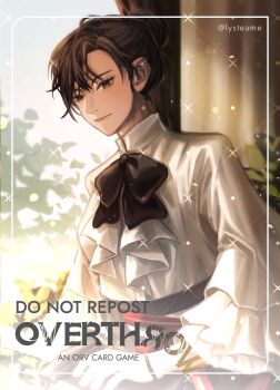 Rule 34 | 1girl, asamanemo, black hair, chest bow, commentary, corset, cowboy shot, curtained hair, curtains, english commentary, flower, frilled sleeves, frills, gloves, hair bun, highres, jung heewon, light particles, official art, omniscient reader's viewpoint, plant, potted plant, promotional art, shirt, smile, sunflower, white gloves, white shirt