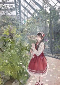 1girl accurate_lolita_coord black_hair bouquet chinstrap dress flower frilled_hairband frilled_shirt frills full_body greenhouse grey_eyes hairband highres holding holding_bouquet indoors lolita_fashion lolita_hairband long_sleeves looking_at_viewer mary_janes open_mouth original pantyhose pinafore_dress plant purupurualiens red_dress red_shoes shirt shoes sleeveless sleeveless_dress smile solo standing twintails white_flower white_pantyhose white_shirt