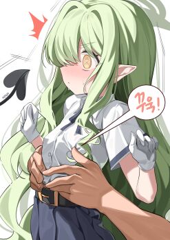 1boy 1girl @_@ absurdres belt black_tail blue_archive blush colored_eyebrows demon_tail grabbing_another's_breast green_hair groping hair_between_eyes highres hikari_(blue_archive) long_hair miniskirt rirua_(kjom802) school_uniform sensei_(blue_archive) shirt skirt tail very_long_hair white_shirt yellow_eyes