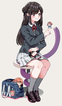 Rule 34 | bag, bilingual commentary, black hair, black jacket, blush, character doll, collared shirt, doll, full body, grey background, grey socks, grin, hair bun, highres, jacket, kneehighs, loafers, long hair, long sleeves, love live!, love live! nijigasaki high school idol club, mixed-language commentary, neck ribbon, nijigasaki school uniform, on stool, oonishi aguri, plaid clothes, plaid skirt, pleated skirt, real life, red ribbon, ribbon, sasuke (love live!), school bag, school uniform, shirt, shoes, simple background, single hair bun, single side bun, sitting, skirt, smile, socks, stool, takasaki yu, uehara ayumu, voice actor, white shirt, white skirt, winter uniform, wpotion