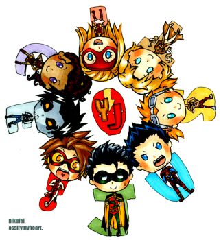 4boys 4girls arrowette bart_allen black_hair blonde_hair blue_eyes bodysuit boots cape cassandra_sandsmark chibi dark_skin dc_comics domino_mask empress_(dc) eye_mask goggles goggles_on_head greta_hayes impulse kon-el lobo mask multiple_boys multiple_girls open_mouth pale_skin purple_eyes red_tornado robin_(dc) s_shield secret_(dc) superboy tim_drake wonder_girl yellow_eyes young_justice