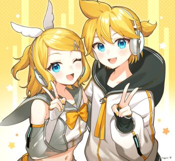1boy 1girl :d ;d bare_shoulders binchou_maguro blonde_hair blue_eyes blush bow bowtie brother_and_sister commentary_request crop_top cropped_shirt detached_sleeves double-parted_bangs grey_sailor_collar grey_sleeves hand_up headset hood hood_down hoodie kagamine_len kagamine_len_(nt) kagamine_rin kagamine_rin_(nt) long_sleeves looking_at_viewer midriff navel one_eye_closed open_mouth parted_bangs piapro_studio polka_dot polka_dot_background sailor_collar shirt short_hair siblings sleeveless sleeveless_shirt smile star_(symbol) two-tone_background upper_body v vocaloid white_hoodie white_shirt yellow_background yellow_bow yellow_bowtie