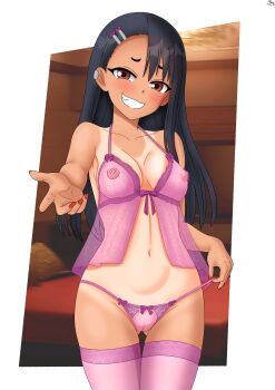 1girl absurdres bed black_hair blush breasts brown_eyes cameltoe collarbone earrings grin hair_ornament hairclip highres ijiranaide_nagatoro-san indoors jewelry kaschmatz large_breasts lingerie long_hair looking_at_viewer nagatoro_hayase nail_polish navel negligee nipples panties purple_negligee purple_panties purple_thighhighs reaching reaching_towards_viewer see-through_clothes smile solo tan tanline thighhighs underwear