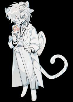 1boy adoptable bat_boy bat_wings blue_eyes coat colored_eyelashes colored_skin commentary dilnyan03 english_commentary fang full_body furry furry_male hair_over_one_eye hand_in_pocket highres horns id_card lab_coat lanyard male_focus multiple_views original reference_inset shirt short_hair simple_background skin_fang slit_pupils solo standing stitched_neck stitches tail white_background white_coat white_hair white_shirt white_skin wings