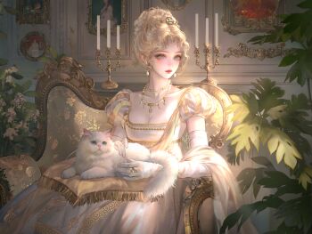 1girl absurdres animal blonde_hair blue_eyes breasts candle cat cleavage couch dress earrings elbow_gloves flower gloves hair_bun highres indoors jewelry large_variant_set makeup necklace on_lap original pearl_necklace picture_frame plant puffy_short_sleeves puffy_sleeves ring short_sleeves single_hair_bun sitting solo variant_set white_cat white_dress white_gloves xixizi