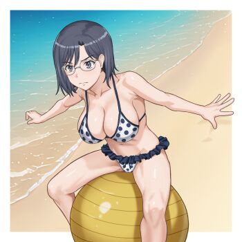 1girl ball bikini black_hair blue_eyes breasts closed_mouth collarbone commentary_request commission ehou_mangan exercise_ball frilled_bikini frills glasses highres konori_mii large_breasts light_frown medium_hair navel ocean official_alternate_costume outdoors polka_dot polka_dot_bikini short_hair sitting_on_ball skeb_commission solo swimsuit toaru_kagaku_no_railgun toaru_majutsu_no_index white_bikini
