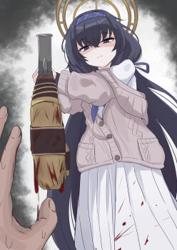 Rule 34 | 1girl, 1other, black hair, blood, blood drip, blue archive, blue hairband, blue neckerchief, brown cardigan, brown halo, cardigan, closed mouth, commentary, crossed bangs, dark persona, expressionless, feet out of frame, foreshortening, from below, grey background, gun, hair between eyes, hairband, halo, highres, holding, holding gun, holding weapon, implied murder, long hair, long skirt, long sleeves, looking at viewer, looking down, neckerchief, partially unbuttoned, peppo-mk3, pleated skirt, pov, pov hands, purple eyes, shaded face, shirt, simple background, skirt, solo focus, split mouth, standing, straight hair, sweat, tsurime, ui (blue archive), very long hair, weapon, white shirt, white skirt