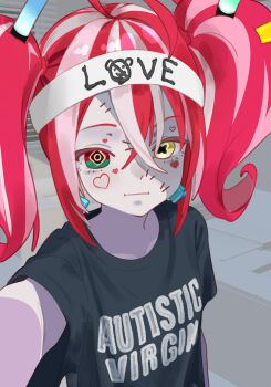 1girl absurdres black_shirt cinna_hds commentary glowstick green_eyes headband highres hololive hololive_indonesia kureiji_ollie kureiji_ollie_(holo-wota_happi) looking_at_viewer mismatched_pupils multicolored_eyes multicolored_hair pink_hair red_eyes red_hair shirt solo stitched_face stitches symbol-shaped_pupils t-shirt twintails virtual_youtuber white_headband x-shaped_pupils yellow_eyes zombie