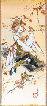 1girl animal animal_ears animal_on_head bird bird_on_hand bird_on_head black_shoes brown_bird brown_hair brown_hat brown_skirt brown_socks brown_vest closed_eyes colored_skin commentary_request dot_nose fine_art_parody fingernails frilled_sleeves frills full_body hand_up hat highres hisona_(suaritesumi) kneehighs leaf long_sleeves mystia_lorelei nihonga on_head open_mouth parody photo_(medium) pigeon seal_impression sharp_fingernails shirt shoes short_hair sitting skirt smile socks solo touhou traditional_media very_long_fingernails vest white_shirt white_skin wide_sleeves wings