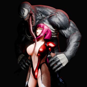 1girl blender_(medium) breasts crossover hetero highleg highleg_leotard highres large_breasts leotard marvel oboro_(taimanin_asagi) purple_hair red_leotard restrained revealing_clothes spider-man_(series) taimanin_(series) taimanin_asagi venom_(marvel)