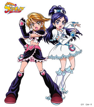 2girls absurdres anime_coloring artist_request belt belt_buckle black_arm_warmers black_gloves black_leg_warmers black_shirt black_shorts black_skirt blue_belt bow bowtie brown_eyes brown_hair brown_shoes buckle clenched_hand copyright_notice cropped_shirt cure_black cure_white determined dress earrings eyelashes fighting_stance fingerless_gloves fingernails frilled_arm_warmers frilled_leg_warmers frilled_skirt frilled_sleeves frills full_body furrowed_brow futari_wa_precure gloves hair_between_eyes hair_bow hair_ornament hand_on_own_hip heart heart-shaped_buckle heart_earrings heart_hair_ornament heart_print high_ponytail highres jewelry lace lace-trimmed_dress lace_trim leg_warmers legs_apart long_hair loose_hair_strand magical_girl medium_hair midriff miniskirt misumi_nagisa multiple_girls navel official_art open_mouth pink_bag pink_belt pink_bow pink_bowtie ponytail precure purple_eyes purple_hair shirt shoes short_dress short_ponytail short_sleeves shorts shorts_under_skirt simple_background skirt skirt_set split_ponytail standing swept_bangs tareme thick_eyebrows third-party_source tsurime two-tone_bag waist_bag white_arm_warmers white_background white_bag white_bow white_bowtie white_dress white_leg_warmers white_shoes yukishiro_honoka