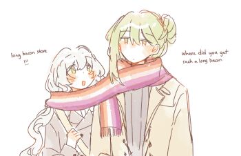 1boy 1girl blush brown_jacket english_text green_eyes green_hair hair_bun hannah_(keicorporationz) hetero highres jacket keicorporationz lesbian_flag lesbian_flag_print library_of_ruina long_bacon_store_(meme) meme netzach_(project_moon) nugget_(project_moon) oc_x_canon original print_scarf project_moon scarf simple_background single_hair_bun upper_body white_background white_hair winter_clothes yellow_jacket