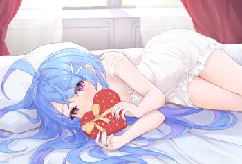 1girl azur_lane bare_shoulders blue_hair blue_nails blush box commentary covering_own_mouth day dress english_commentary frilled_dress frills hair_ornament hair_over_one_eye hairclip hands_up heart-shaped_box helena_(azur_lane) highres hip_focus indoors jewelry kyl490 long_hair looking_at_viewer lying nail_polish nervous on_bed on_side purple_eyes ring solo strap_slip thighs valentine very_long_hair wedding_ring white_dress