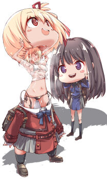 2girls absurdres bikini bikini_under_clothes black_bikini black_hair blank_stare blonde_hair blue_dress breasts closed_mouth commentary_request dress grey_dress hair_ribbon highres inoue_takina large_breasts long_hair lycoris_recoil lycoris_uniform mascot_costume mascot_head multiple_girls nishikigi_chisato pleated_dress purple_eyes red_dress red_ribbon ribbon see-through_clothes see-through_shirt shirt short_hair side-tie_bikini_bottom sweat sweaty_clothes swimsuit tied_shirt two-tone_dress very_sweaty white_background white_shirt yazawa_mana