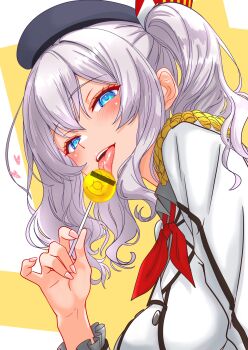 1girl absurdres bar_censor beret blue_eyes candy censored commentary_request epaulettes food frilled_sleeves frills grey_hair hat highres jacket kantai_collection kashima_(kancolle) licking lollipop long_hair looking_at_viewer military_jacket military_uniform neckerchief nitamako_(sakamalh) red_neckerchief sexually_suggestive solo tongue tongue_out twintails upper_body wavy_hair
