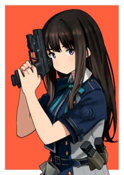 1girl belt black_hair blue_belt blue_dress border buttons closed_mouth dress green_ribbon grey_dress gun handgun holding holding_gun holding_weapon inoue_takina laser_sight long_hair looking_at_viewer lycoris_recoil lycoris_uniform magazine_(weapon) neck_ribbon orange_background pleated_dress pointing pointing_up purple_eyes ribbon short_sleeves sig_sauer_p320 solo timmyyen trigger_discipline two-tone_dress weapon white_border