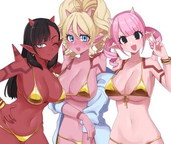 Rule 34 | 3girls, :d, arm around shoulder, asymmetrical bangs, bikini, black eyes, black hair, blonde hair, blue eyes, blue jacket, blunt bangs, blush, body markings, bracelet, breasts, cleavage, colored skin, commentary request, curly hair, dragon quest, dragon quest x, earrings, fang, front-tie bikini top, front-tie top, gold bikini, gold bracelet, gold earrings, golden week, grey eyes, hand on own hip, high ponytail, highres, hoop earrings, horns, jacket, jacket partially removed, jewelry, large breasts, long hair, looking at viewer, midriff, multiple girls, navel, nervous, ogre (dq10), one eye closed, open mouth, pink hair, pink skin, pointy ears, ponytail, red skin, shoulder spikes, sideboob, smile, spikes, string bikini, sweatdrop, swimsuit, tachi ko lv y, twintails, underboob, upper body, v, white background