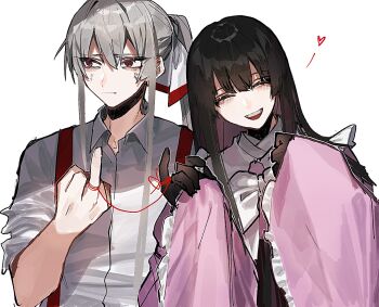 2girls anger_vein averting_eyes black_hair blunt_bangs blush bow bowtie branch brown_eyes closed_eyes collared_shirt commentary_request floral_print fujiwara_no_mokou fuuga_(perv_rsity) grey_hair hair_bow heart hime_cut houraisan_kaguya japanese_clothes jeweled_branch_of_hourai long_hair long_skirt long_sleeves looking_at_viewer middle_finger multiple_girls pink_shirt red_ribbon ribbon shirt short_hair sidelocks simple_background skirt sleeves_past_wrists string string_of_fate suspenders touhou very_long_hair white_background white_bow white_bowtie white_hair white_shirt wide_sleeves yuri