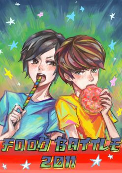 2011 absurdres anthony_padilla blue_shirt candy donut english_text food food_in_mouth green_background highres holding holding_food ian_hecox kima lollipop male_focus painting_(medium) portrait real_life shirt smosh traditional_media yellow_shirt youtube