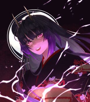 Rule 34 | 1girl, alternate costume, alternate universe, blunt bangs, blurry, bucumberr, commentary, cosplay, depth of field, electricity, english commentary, genshin impact, glowing, glowing eyes, gradient background, hair ornament, head tilt, highres, horns, japanese clothes, kimono, long hair, looking at viewer, looking to the side, parted lips, purple background, purple eyes, purple hair, purple kimono, raiden mei, raiden mei (cosplay), raiden mei (herrscher of thunder), raiden shogun, red lips, sash, shaded face, solo, upper body