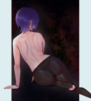 Rule 34 | 1girl, a-soul, absurdres, ass, back, barefoot, blue hair, bracelet, carol (a-soul), commentary request, completely nude, feet, feet out of frame, highres, jewelry, kryp132, nude, panties, panties under pantyhose, pantyhose, short hair, soles, solo, toeless legwear, toes, topless female, underwear, virtual youtuber