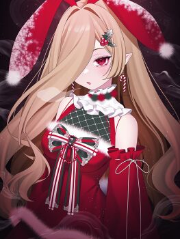 1girl animal_ears arm_at_side arm_behind_back bare_shoulders beads blonde_hair bow breasts breath candy candy_cane candy_cane_earrings chest_bow christmas christmas_ornaments_in_hair collar commentary detached_sleeves dress earrings elf eyelashes fake_animal_ears food food-themed_earrings frilled_collar frills fur-trimmed_dress fur_trim green_bow hair_intakes hair_over_one_eye halter_dress halterneck highres jewelry light_blush long_bangs long_hair long_sleeves medium_breasts open_mouth original parted_bangs pointy_ears rabbit_ears red_dress red_eyes red_sleeves ribbon santa_costume sleeve_ribbon sleeveless sleeveless_dress solo spiked_bow symbol-only_commentary upper_body wanko_(yurika0320) white_collar white_ribbon