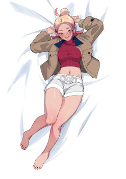 1girl :d absurdres arms_up barefoot bed_sheet blonde_hair blue_eyes blush breasts brown_jacket full_body gradient_hair highres jacket large_breasts looking_at_viewer lying midriff multicolored_hair navel nintendo on_back open_mouth pokemon pokemon_legends:_z-a red_sweater short_shorts shorts smile solo stomach sweater taunie_(pokemon) thighs turtleneck yamada_otonari