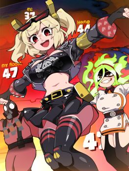 2girls absurdres belt black_belt black_thighhighs blonde_hair boku_no_hero_academia bongftah breasts burnice_white burnin_(boku_no_hero_academia) commentary cropped_jacket crossover dress english_text eyewear_on_head fiery_hair fingerless_gloves gloves grey_jacket grin highres jacket large_breasts long_hair long_sleeves looking_at_viewer multiple_crossover multiple_girls navel open_clothes open_jacket open_mouth outstretched_arms pyro_(tf2) red_eyes red_pyro_(tf2) smile standing sunglasses symbol-only_commentary team_fortress_2 teeth thighhighs thighs trait_connection upper_teeth_only white_dress zenless_zone_zero