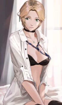 1girl black_bra black_thighhighs blonde_hair bra breasts choker cleavage fire_emblem fire_emblem:_three_houses green_eyes highres indoors ingrid_brandl_galatea ingrid_brandl_galatea_(timeskip) j@ck jewelry medium_breasts necklace necktie nintendo open_clothes open_shirt shirt short_hair sitting smile solo thighhighs underwear window
