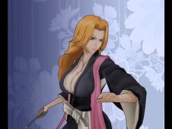 1girl 3d animated bleach bleach:_shattered_blade blonde_hair blue_eyes bouncing_breasts breasts cleavage holding holding_sword holding_weapon large_breasts long_hair matsumoto_rangiku mole mole_under_mouth shihakusho solo source_request sword tagme video weapon
