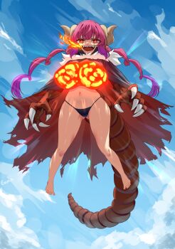 1girl animal_hands artist_name barefoot black_cape blue_sky breasts burning cape claws cleavage cloud commentary day dragon_claw dragon_girl dragon_horns dragon_tail english_commentary enma_(enmanuelart) fire fire_on_chest flying full_body highres horns huge_breasts ilulu_(maidragon) kobayashi-san_chi_no_maidragon looking_at_viewer navel open_mouth outdoors red_cape red_eyes red_hair sharp_teeth shortstack sky slit_pupils smile solo strapless tail teeth thong tongue torn_cape torn_clothes tube_top twintails two-sided_cape two-sided_fabric variant_set