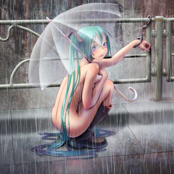 1girl aqua_hair ass back bdsm blue_hair blush boots breasts bullying cuffs female_focus full_body gradient_hair handcuffs hatsune_miku knee_boots long_hair looking_at_viewer looking_back medium_breasts multicolored_hair nail_polish nude open_mouth outdoors public_indecency public_nudity purple_eyes rain rubber_boots see-through_clothes solo squatting transparent transparent_umbrella twintails umbrella very_long_hair vocaloid wokada