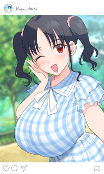 1girl :d black_hair blue_dress blush bookmark breasts collared_dress commentary_request dress fake_phone_screenshot fake_screenshot hair_ornament hair_scrunchie hand_up heart highres large_breasts nagachichi_chika_idol-chan_(yue_(show-ei)) neck_ribbon one_eye_closed open_mouth original outdoors paper_airplane park parted_bangs pink_scrunchie plaid_clothes plaid_dress red_eyes ribbon scrunchie selfie short_sleeves smile solo speech_bubble tree twintails upper_body user_interface white_ribbon yue_(show-ei)