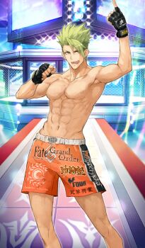 Rule 34 | 1boy, abs, achilles (fate), achilles (festival outfit) (fate), arm above head, armpits, asymmetrical bangs, black gloves, boxing shorts, chaldea logo, commentary, contrapposto, copyright name, diffraction spikes, fate/grand order, fate (series), feet out of frame, fingerless gloves, fou (fate), gloves, green hair, konoe ototsugu, looking to the side, male focus, navel, nipples, official art, open mouth, orange eyes, orange shorts, pectorals, pointing, pointing up, short hair, shorts, solo, spiked hair, teeth, third-party source, toned, toned male, topless male, v-shaped eyebrows