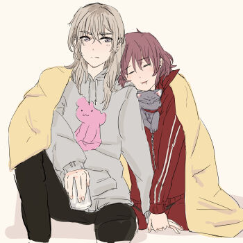 2girls brown_hair can cat closed_eyes closed_mouth commentary girls_band_cry grey_eyes grey_hair grey_hoodie hair_between_eyes highres holding holding_can holding_hands hood hoodie iseri_nina jacket kawaragi_momoka long_hair long_sleeves multicolored_hair multiple_girls red_jacket roots_(hair) shared_blanket short_hair sitting sleeping sleeping_on_person uosumi yuri