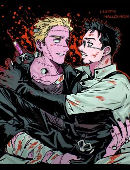 2boys alternate_costume animification apron avengers_(series) bandaged_arm bandages black_apron black_background black_border black_gloves black_hair black_nails black_shirt blonde_hair blood blood_on_clothes blood_on_face blue_eyes border brown_eyes buttons carrying colored_skin english_text facial_hair fingernails glasses gloves halloween halloween_costume hand_on_another&#039;s_shoulder happy_halloween highres holding holding_syringe kacha0404 liquid long_sleeves looking_at_another male_focus marvel multiple_boys nail_(hardware) nail_polish pink_skin princess_carry round_eyewear scar scar_on_face scissors shirt short_hair simple_background smile steve_rogers syringe teeth tony_stark white-framed_eyewear white_shirt yaoi