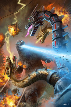 aircraft airplane amputee atomic_breath blue_eyes breath_weapon breathing_lightning building claws cloud cloudy_sky cyborg day debris destruction dinosaur dragon dust ears electricity electrokinesis energy energy_beam epic explosion extra_teeth f-15_eagle forked_tongue giant giant_monster giant_robot glowing glowing_eyes godzilla godzilla_(series) godzilla_vs._king_ghidorah gravity_beam green_eyes highres hydra kaiju king_ghidorah laser mecha mecha-king_ghidorah metal_wings military monster mouth_beam multiple_heads muscular muscular_arms muscular_legs muscular_other no_humans no_pupils official_art open_mouth overcast pablo_olivera pectorals plasma plasma_beam pointy_ears prosthesis prosthetic_head prosthetic_wing realistic red_eyes robot rubble sky skyscraper smoke solar_panel solar_panel_wings sparks spikes tail tendril textless_version thick_thighs thighs toho tongue tongue_out triple-laser_beam variant_set wings