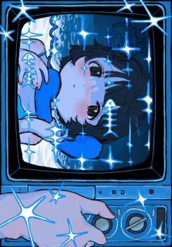 1girl black_hair fish_skeleton highres holding holding_phone looking_at_viewer my_srtg original phone short_hair sideways sparkle television
