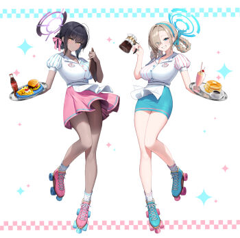 2girls alternate_costume alternate_hairstyle apron asuna_(blue_archive) black_hair blue_archive blue_eyes blue_ribbon blue_skirt blush bottle breasts burger coca-cola coffee_pot cup dark-skinned_female dark_skin disposable_cup food french_fries full_body hair_ribbon hairband halo highres holding holding_tray karin_(blue_archive) large_breasts light_brown_hair looking_at_viewer milkshake multiple_girls pancake pancake_stack pencil_skirt pink_ribbon pink_skirt puffy_short_sleeves puffy_sleeves ribbon roller_skates short_hair short_sleeves simple_background skates skirt smile soda_bottle standing teacup tray waist_apron waitress white_apron yellow_eyes yuri_(chocho_q)